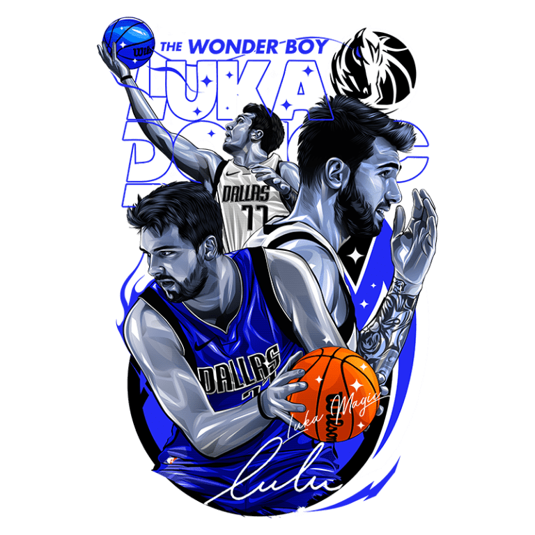 Ilustração de Luka Dončić, jogador do Dallas Mavericks, destacando seu talento no basquete. A imagem apresenta Luka em diferentes poses, segurando uma bola de basquete e exibindo a camisa da equipe. O design inclui elementos gráficos nas cores azul e preta, com a assinatura de Luka e referências ao seu status como "Wonder Boy". Ideal para fãs e colecionadores de memorabilia esportiva.