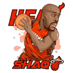 Ilustração de Shaquille O'Neal jogando basquete com a camisa do Miami Heat, segurando uma bola de basquete. O fundo apresenta elementos gráficos que remetem à equipe.