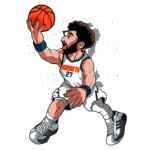 Jogador de basquete estilizado em ação, vestindo jersey do Denver Nuggets com o número 27, arremessando uma bola de basquete. Fundo verde com grafismo divertido. Ideal para fãs de esportes e arte digital.