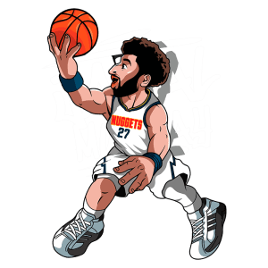 Jogador de basquete estilizado em ação, vestindo jersey do Denver Nuggets com o número 27, arremessando uma bola de basquete. Fundo verde com grafismo divertido. Ideal para fãs de esportes e arte digital.