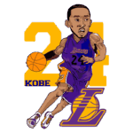 Ilustração de Kobe Bryant, jogador do Los Angeles Lakers, driblando com a bola de basquete. Ele está vestindo o uniforme roxo e dourado da equipe com o número 24. O fundo contém o número 24 e o logotipo dos Lakers, destacando sua importância no basquete.