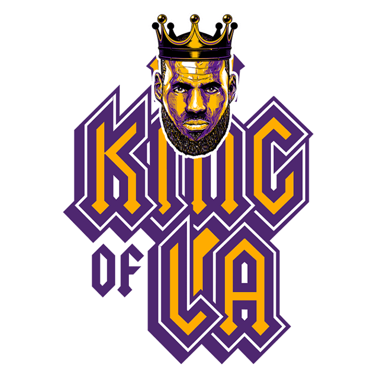 Imagem de ilustração do jogador de basquete LeBron James, com uma coroa, destacando o texto "KING of LA" em cores roxa e dourada, representando sua influência na equipe Los Angeles Lakers.