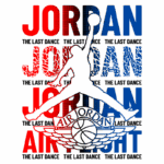 Desenho gráfico inspirado em Michael Jordan, apresentando o nome "Jordan" repetido em vermelho e azul, com a frase "The Last Dance" em diferentes fontes. A imagem inclui a silhueta do famoso salto de Jordan e o logotipo da Air Jordan, evocando uma sensação de nostalgia e celebração do basquete.