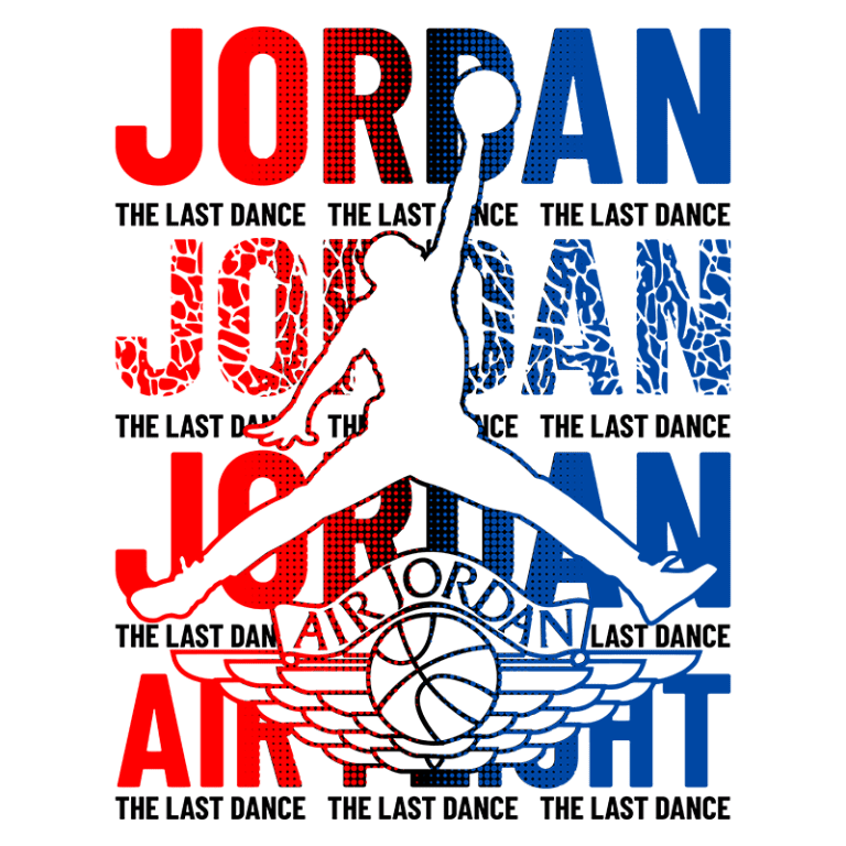 Desenho gráfico inspirado em Michael Jordan, apresentando o nome "Jordan" repetido em vermelho e azul, com a frase "The Last Dance" em diferentes fontes. A imagem inclui a silhueta do famoso salto de Jordan e o logotipo da Air Jordan, evocando uma sensação de nostalgia e celebração do basquete.