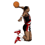 Jogador de basquete em ação, realizando uma enterrada com uma bola na mão, vestindo uniforme preto e vermelho, representando um time de basquete. A imagem destaca a performance atlética e a energia do esporte.