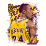 Ilustração de Kobe Bryant, jogador de basquete, vestindo a camisa amarela do Los Angeles Lakers com o número 24. A arte destaca sua habilidade e legado no esporte.