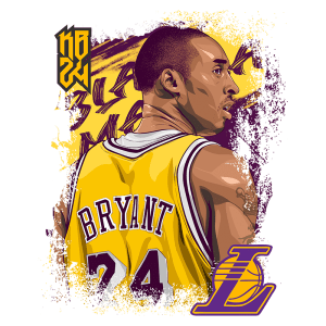 Ilustração de Kobe Bryant, jogador de basquete, vestindo a camisa amarela do Los Angeles Lakers com o número 24. A arte destaca sua habilidade e legado no esporte.