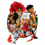 Arte digital vibrante que celebra a carreira do jogador de basquete Derrick Rose, apresentando várias etapas de sua trajetória em diferentes times, incluindo Bulls, Cavaliers e Pistons, com fundo de uma rosa e chamas.