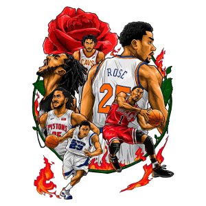 Arte digital vibrante que celebra a carreira do jogador de basquete Derrick Rose, apresentando várias etapas de sua trajetória em diferentes times, incluindo Bulls, Cavaliers e Pistons, com fundo de uma rosa e chamas.