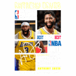 Imagem destacando Anthony Davis, jogador de basquete da NBA, com as palavras "Playoffs" e "Best of the Best". Inclui fotos de Davis em ação pelo Los Angeles Lakers e informações sobre sua carreira. Texto com foco em sua habilidade como All-Star e conquistas na liga.