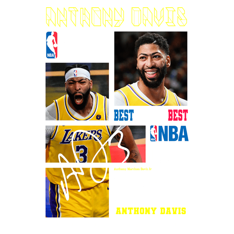 Imagem destacando Anthony Davis, jogador de basquete da NBA, com as palavras "Playoffs" e "Best of the Best". Inclui fotos de Davis em ação pelo Los Angeles Lakers e informações sobre sua carreira. Texto com foco em sua habilidade como All-Star e conquistas na liga.