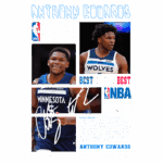 Imagem promocional de Anthony Edwards, jogador da NBA, destacando sua performance nos playoffs. O design inclui fotos do atleta em ação, assinatura e informações sobre sua carreira com os Minnesota Timberwolves, além de menção a conquistas na seleção dos EUA. Ideal para fãs de basquete e memorabilia esportiva.