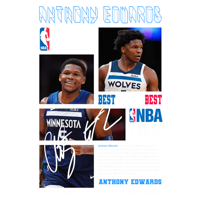Imagem promocional de Anthony Edwards, jogador da NBA, destacando sua performance nos playoffs. O design inclui fotos do atleta em ação, assinatura e informações sobre sua carreira com os Minnesota Timberwolves, além de menção a conquistas na seleção dos EUA. Ideal para fãs de basquete e memorabilia esportiva.