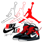Imagem estilizada de tênis Nike Air com detalhes em preto e vermelho, mostrando o logo da Nike e uma assinatura. Ao fundo, silhuetas de jogadores de basquete realizando movimentos de slam dunk, destacando a conexão com a cultura do basquete e a marca.