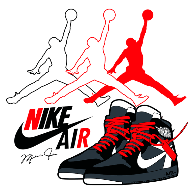 Imagem estilizada de tênis Nike Air com detalhes em preto e vermelho, mostrando o logo da Nike e uma assinatura. Ao fundo, silhuetas de jogadores de basquete realizando movimentos de slam dunk, destacando a conexão com a cultura do basquete e a marca.