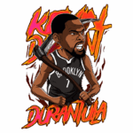 Ilustração de Kevin Durant como um personagem de desenho animado, vestindo a camisa do Brooklyn Nets, segurando uma ferramenta em forma de picareta, com um fundo vibrante e chamas.