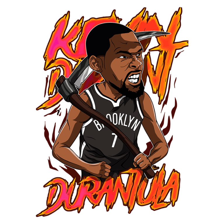 Ilustração de Kevin Durant como um personagem de desenho animado, vestindo a camisa do Brooklyn Nets, segurando uma ferramenta em forma de picareta, com um fundo vibrante e chamas.