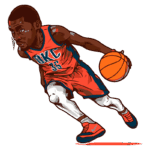 Jogador de basquete em ação, vestindo uniforme laranja do Oklahoma City Thunder, driblando uma bola na mão, representando dinamismo e habilidade no esporte.