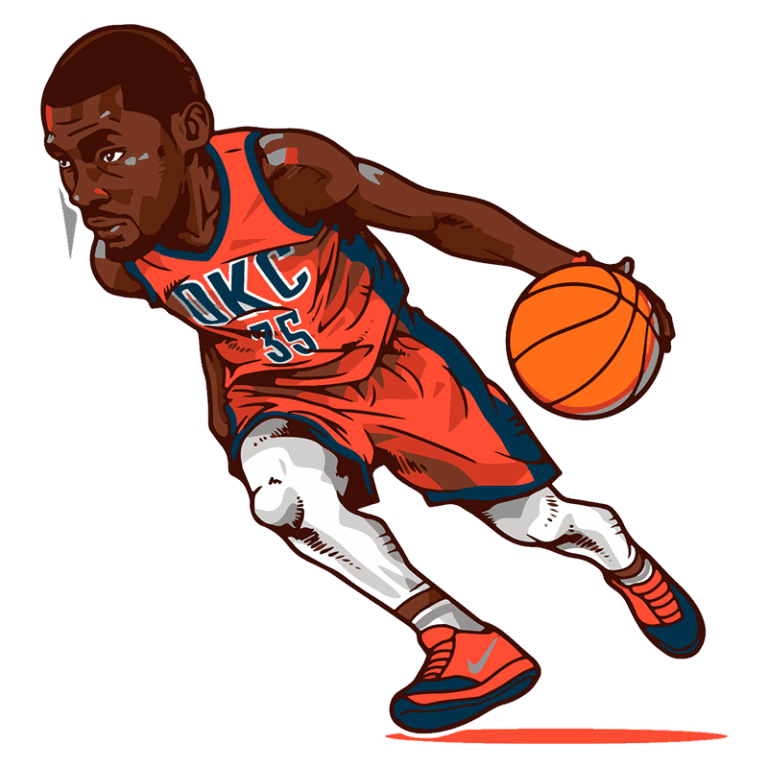 Jogador de basquete em ação, vestindo uniforme laranja do Oklahoma City Thunder, driblando uma bola na mão, representando dinamismo e habilidade no esporte.