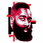 Ilustração estilizada de um homem com barba espessa e cabelo curto, destacando características faciais e um fundo gráfico em vermelho e branco.