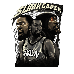 Imagem estilizada do jogador de basquete Kevin Durant, conhecido como "Slim Reaper", em destaque com duas representações adicionais. Ele veste um uniforme do Brooklyn Nets, com detalhes artísticos que representam sua personalidade e habilidade em quadra. O fundo inclui elementos gráficos que acrescentam dinamismo e profundidade à imagem.