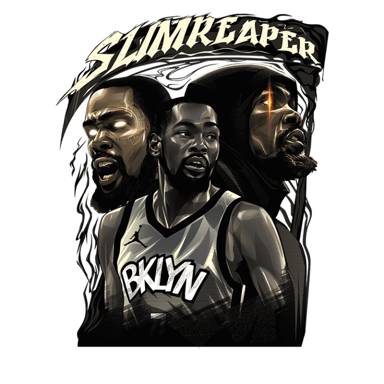 Imagem estilizada do jogador de basquete Kevin Durant, conhecido como "Slim Reaper", em destaque com duas representações adicionais. Ele veste um uniforme do Brooklyn Nets, com detalhes artísticos que representam sua personalidade e habilidade em quadra. O fundo inclui elementos gráficos que acrescentam dinamismo e profundidade à imagem.