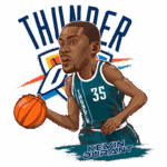 Ilustração de Kevin Durant jogando basquete com a camisa do Oklahoma City Thunder, destacando o número 35 e o logo da equipe ao fundo.