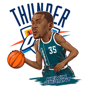 Ilustração de Kevin Durant jogando basquete com a camisa do Oklahoma City Thunder, destacando o número 35 e o logo da equipe ao fundo.