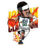 Ilustração de Jordan Clarkson, jogador do Utah Jazz, driblando com uma bola de basquete, envolto em chamas, simbolizando sua habilidade explosiva em quadra.