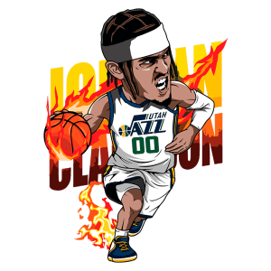 Ilustração de Jordan Clarkson, jogador do Utah Jazz, driblando com uma bola de basquete, envolto em chamas, simbolizando sua habilidade explosiva em quadra.