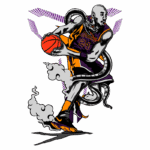 Ilustração de jogador de basquete vestindo uniforme do Los Angeles Lakers, driblando com a bola, envolto por elementos gráficos dinâmicos e fumaça.