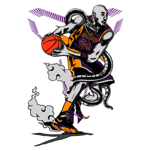 Ilustração de jogador de basquete vestindo uniforme do Los Angeles Lakers, driblando com a bola, envolto por elementos gráficos dinâmicos e fumaça.