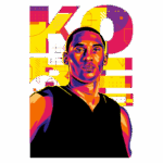 Ilustração colorida de um jogador de basquete retratado em estilo pop art, com a palavra "KOBE" em destaque ao fundo.