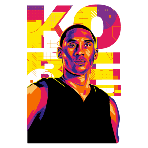 Ilustração colorida de um jogador de basquete retratado em estilo pop art, com a palavra "KOBE" em destaque ao fundo.