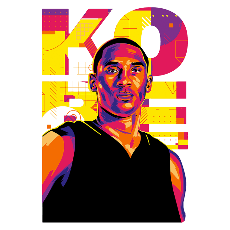 Ilustração colorida de um jogador de basquete retratado em estilo pop art, com a palavra "KOBE" em destaque ao fundo.