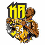 Ilustração de jogador de basquete celebrando, vestindo a camisa dos Los Angeles Lakers, número 24, com expressão de emoção. Elementos gráficos acompanham a imagem, destacando o nome "KB." Ideal para fãs de basquete e colecionadores de memorabilia esportiva.