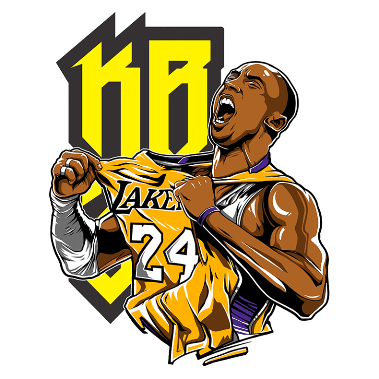 Ilustração de jogador de basquete celebrando, vestindo a camisa dos Los Angeles Lakers, número 24, com expressão de emoção. Elementos gráficos acompanham a imagem, destacando o nome "KB." Ideal para fãs de basquete e colecionadores de memorabilia esportiva.