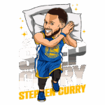 Ilustração do jogador de basquete Stephen Curry em um traje do Golden State Warriors, segurando um travesseiro e sorrindo. A imagem destaca seu estilo divertido e carismático, com um fundo que enfatiza seu nome e o logo da equipe.