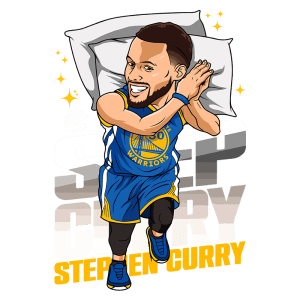 Ilustração do jogador de basquete Stephen Curry em um traje do Golden State Warriors, segurando um travesseiro e sorrindo. A imagem destaca seu estilo divertido e carismático, com um fundo que enfatiza seu nome e o logo da equipe.