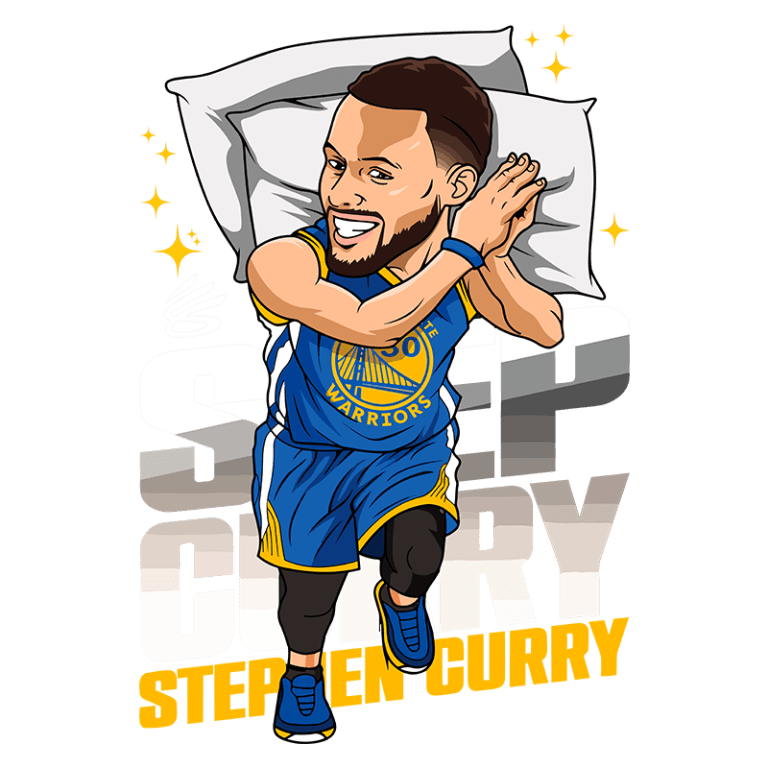 Ilustração do jogador de basquete Stephen Curry em um traje do Golden State Warriors, segurando um travesseiro e sorrindo. A imagem destaca seu estilo divertido e carismático, com um fundo que enfatiza seu nome e o logo da equipe.