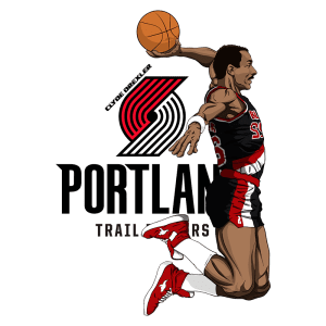 Jogador de basquete em ação, realizando uma enterrada, usando o uniforme do Portland Trail Blazers, com o logotipo da equipe ao fundo.