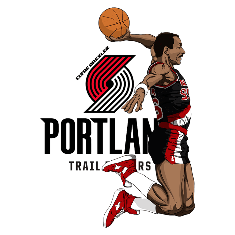 Jogador de basquete em ação, realizando uma enterrada, usando o uniforme do Portland Trail Blazers, com o logotipo da equipe ao fundo.