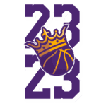 Logotipo dos Sacramento Kings com o número 23, apresentando uma bola de basquete e uma coroa, em tons de roxo e amarelo.