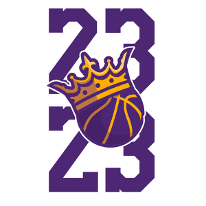Logotipo dos Sacramento Kings com o número 23, apresentando uma bola de basquete e uma coroa, em tons de roxo e amarelo.