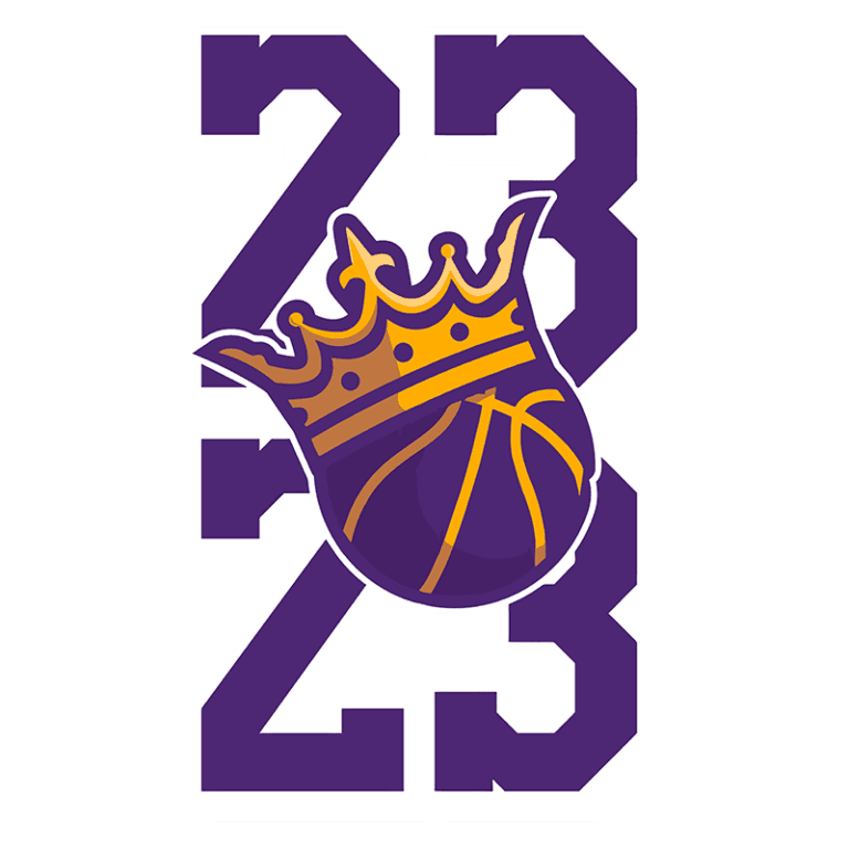 Logotipo dos Sacramento Kings com o número 23, apresentando uma bola de basquete e uma coroa, em tons de roxo e amarelo.