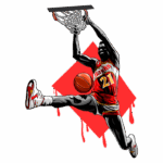 Jogador de basquete em movimento acrobático, realizando uma enterrada. Ele veste o uniforme do Atlanta Hawks, com a camiseta número 21 e calçados brancos e vermelhos. Ao fundo, um gráfico triangular vermelho com gotas, destacando a ação dinâmica da imagem.
