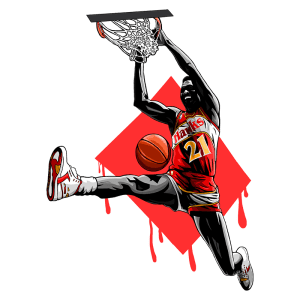 Jogador de basquete em movimento acrobático, realizando uma enterrada. Ele veste o uniforme do Atlanta Hawks, com a camiseta número 21 e calçados brancos e vermelhos. Ao fundo, um gráfico triangular vermelho com gotas, destacando a ação dinâmica da imagem.