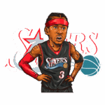 Ilustração de um jogador de basquete estilizado com a camisa do Philadelphia 76ers, representando Allen Iverson, com foco em sua expressão intensa e característico boné vermelho.