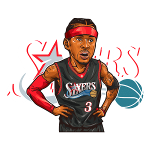 Ilustração de um jogador de basquete estilizado com a camisa do Philadelphia 76ers, representando Allen Iverson, com foco em sua expressão intensa e característico boné vermelho.