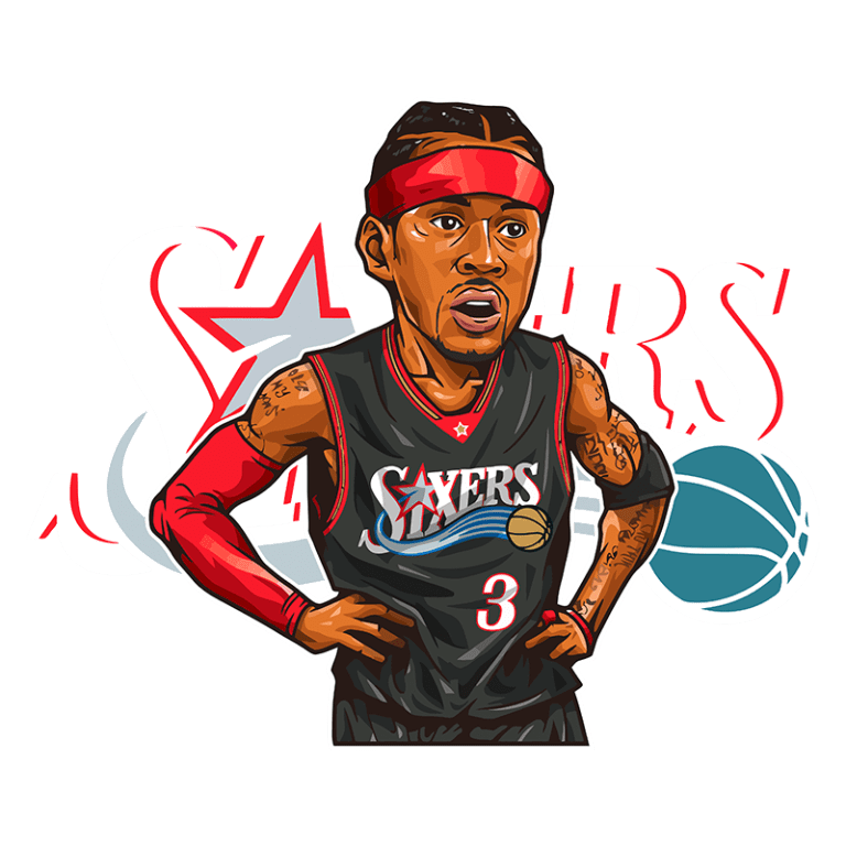 Ilustração de um jogador de basquete estilizado com a camisa do Philadelphia 76ers, representando Allen Iverson, com foco em sua expressão intensa e característico boné vermelho.